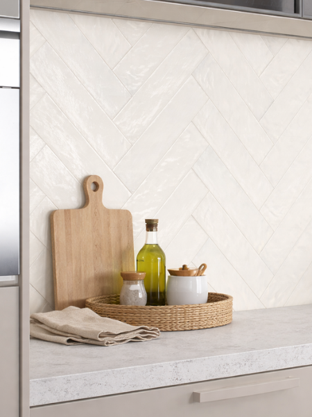 Iridescent glass subway tiles in a luxury bathroom