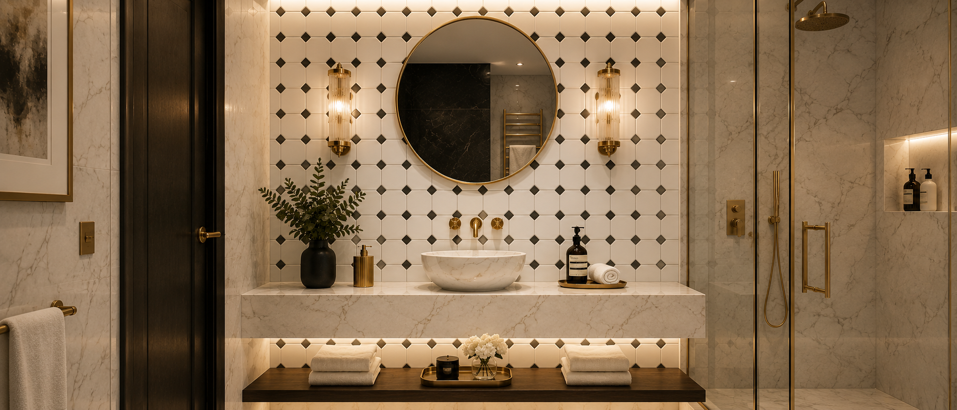 Expansive dark marble and brass mural spanning a hotel lobby wall